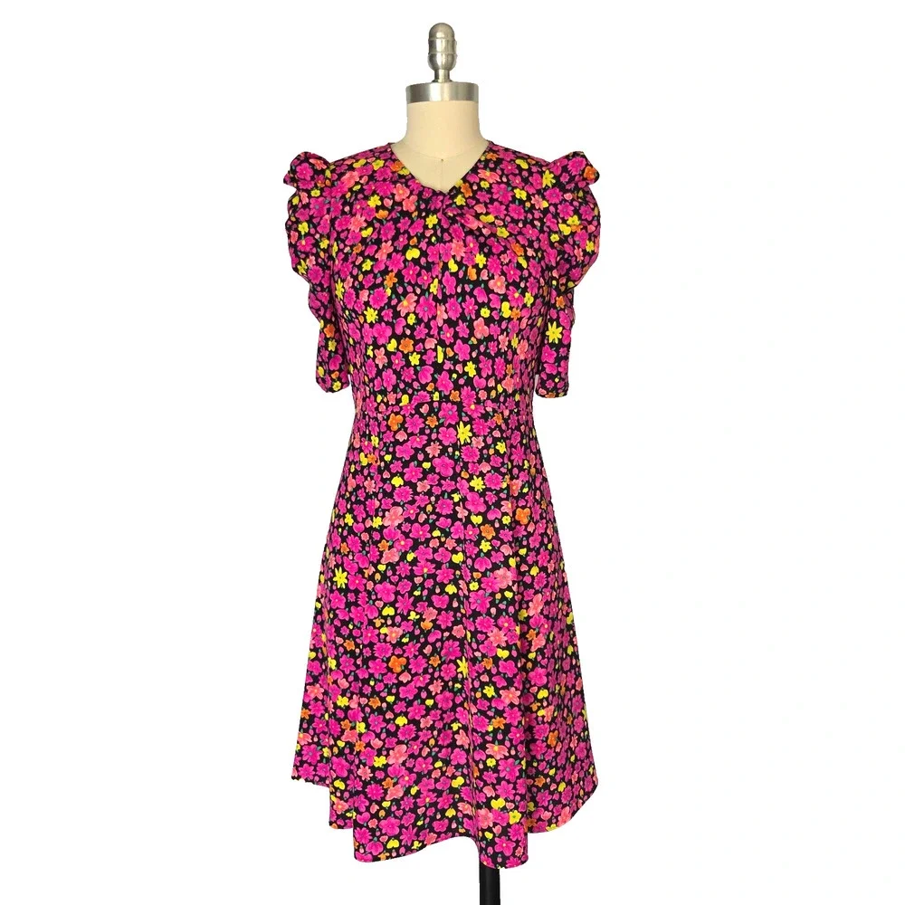 Kate Spade NY Marker Floral A Line Dress Size 0 New Pink Crepe Colorful Bright